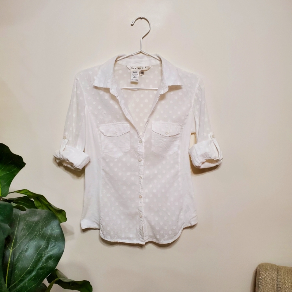 Max Studio White Button Blouse Polka Dot Cotton - image 1